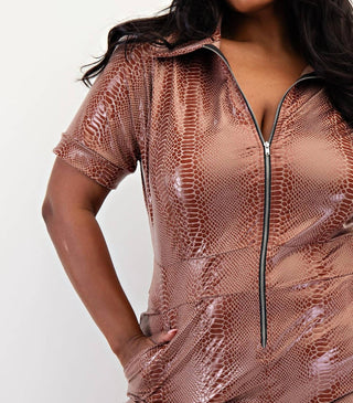 The Curve La - Plus Size Animal Print Collared Front Zipper Jumpsuit