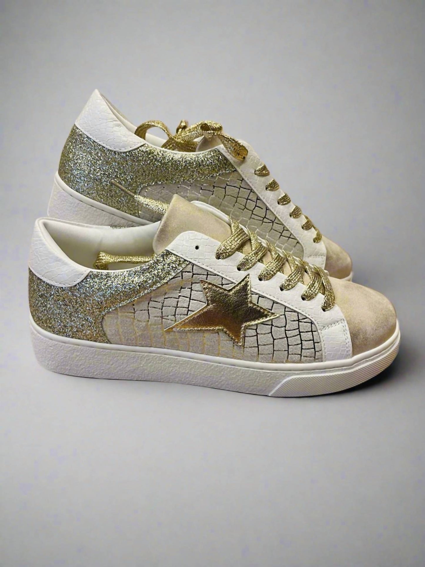 1 The Woman - Glitter Star Patchwork Leather Lace-up Sneakers