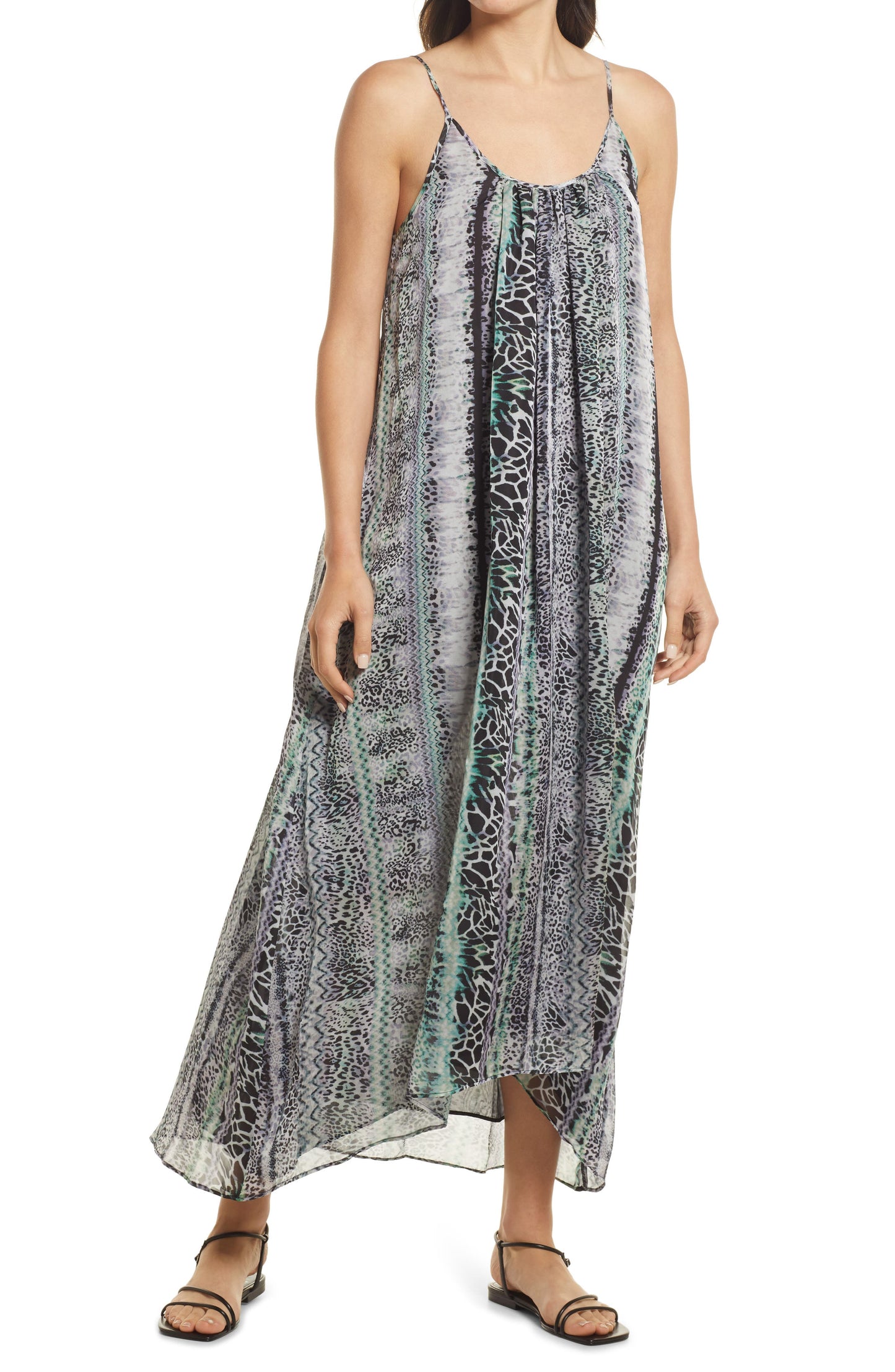 Chelsea28 Animal Print Double Scoop Chiffon Maxi Dress in Green Juniper Animal, Size Medium