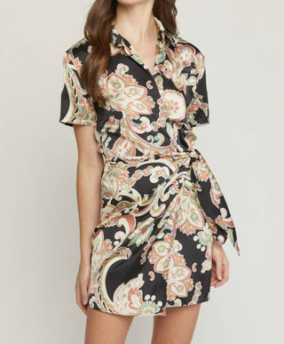 Entro - Satin Paisley Short Faux Wrap Dress