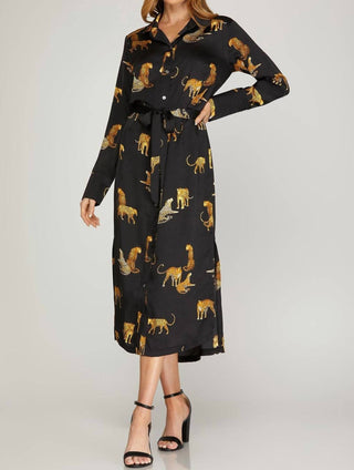 Umgee - Long Sleeve Cheetah Cheeta Print Midi Dress