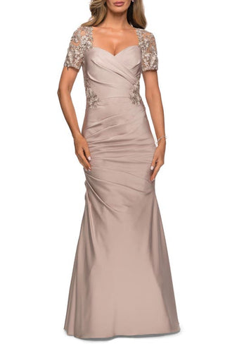 La Femme Lace Back Satin Trumpet Gown - Frost Rose