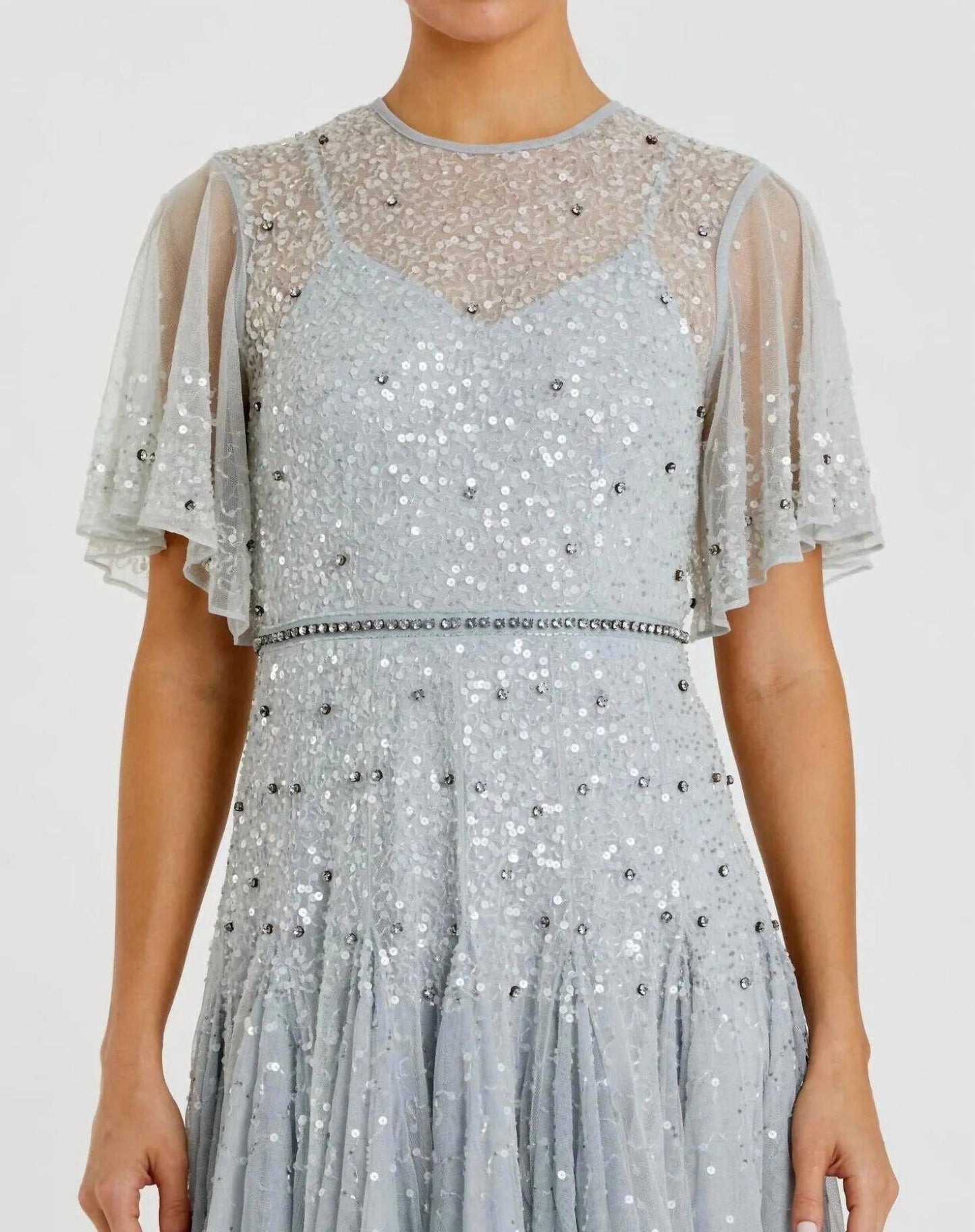 Mac Duggal - Cape Sleeve Beaded Tea Length Aline Gown