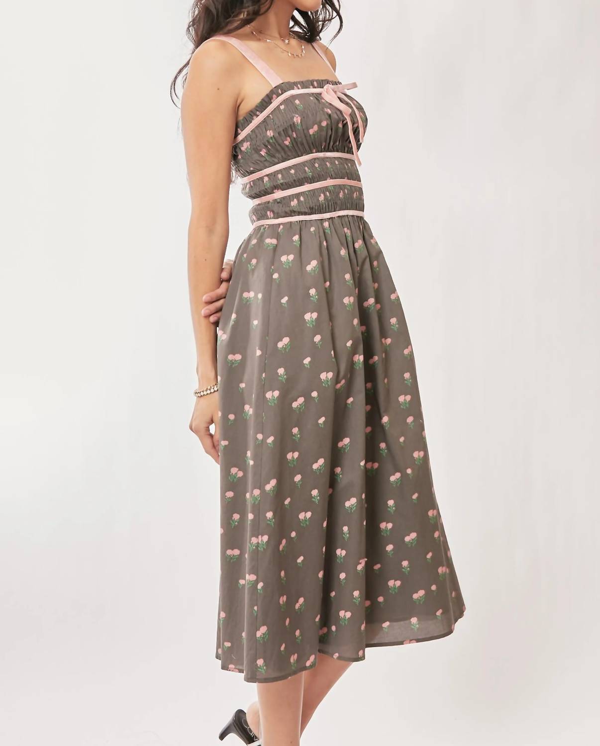 Trendsi - Davi & Dani Contrast Velvet Tape Smocking Bodice Midi Dress