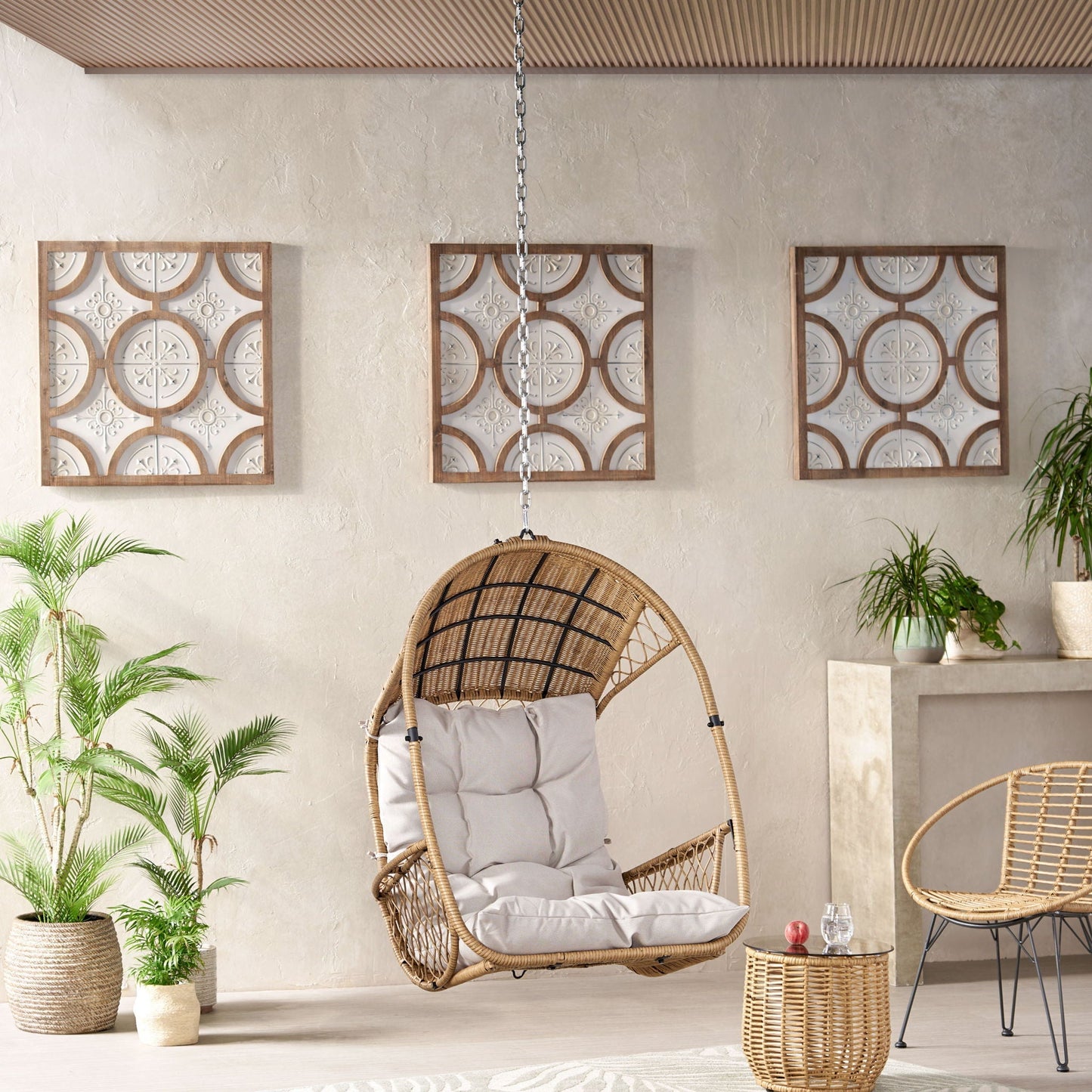 Outdoor Indoor Wicker Hanging Chair with 8 Ft Chain - Light Brown Beige