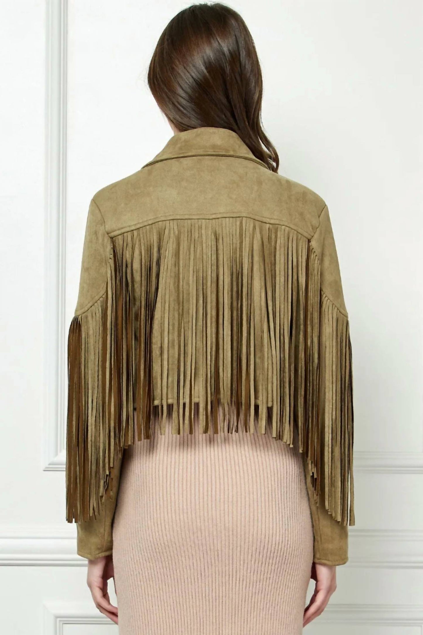 Trendsi - Veveret Suede Fringe Long Sleeve Moto Jacket