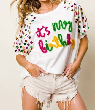 Trendsi - BiBi Metallic Letter Spangle Raglan Puff Sleeve Top