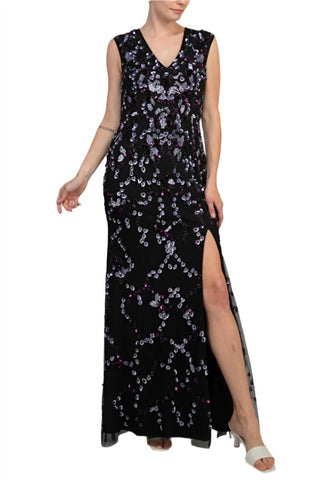 Adrianna Papell - Beaded V-neck Sleeveless Font Slit Gown