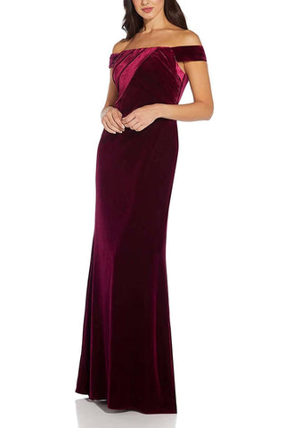 Adrianna Papell - Off Shoulder Pleated Front Velvet Gown