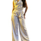 A.C.G. Los Angeles - Satin Wide Leg Pants & Cowl Neck & Flower Sleeveless Top