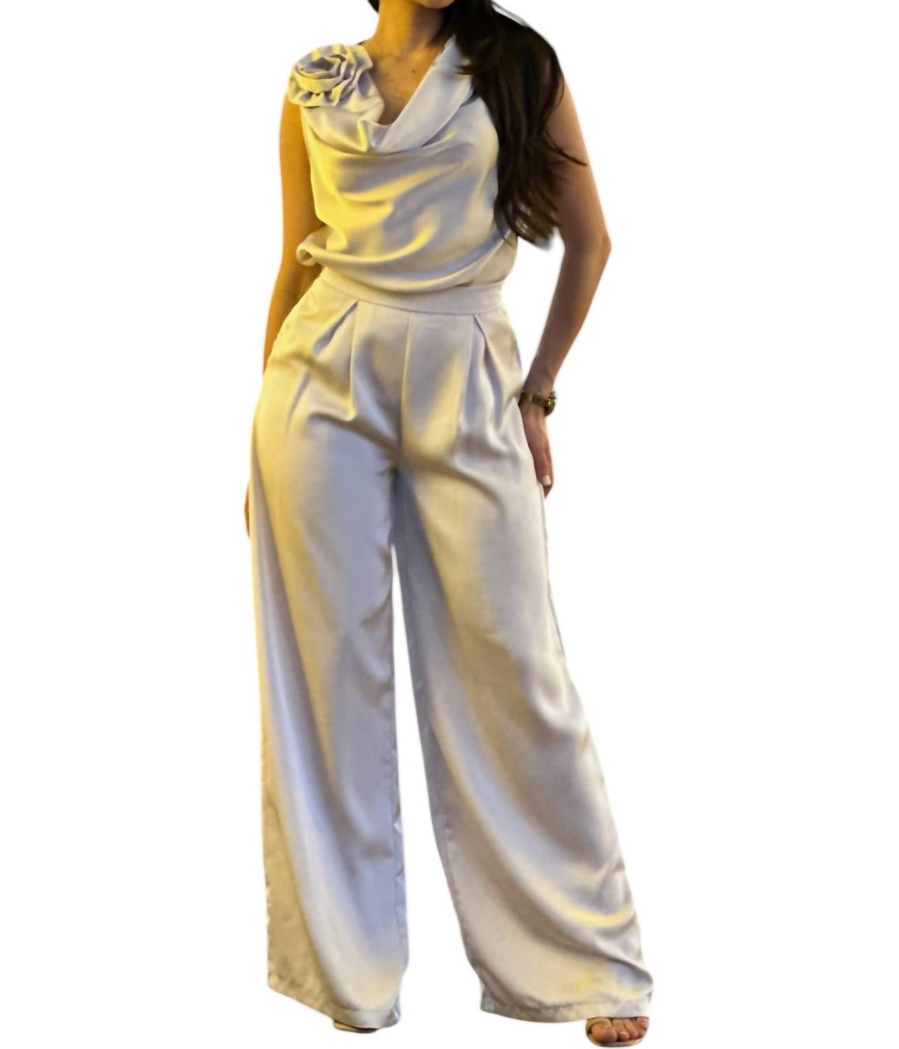 A.C.G. Los Angeles - Satin Wide Leg Pants & Cowl Neck & Flower Sleeveless Top