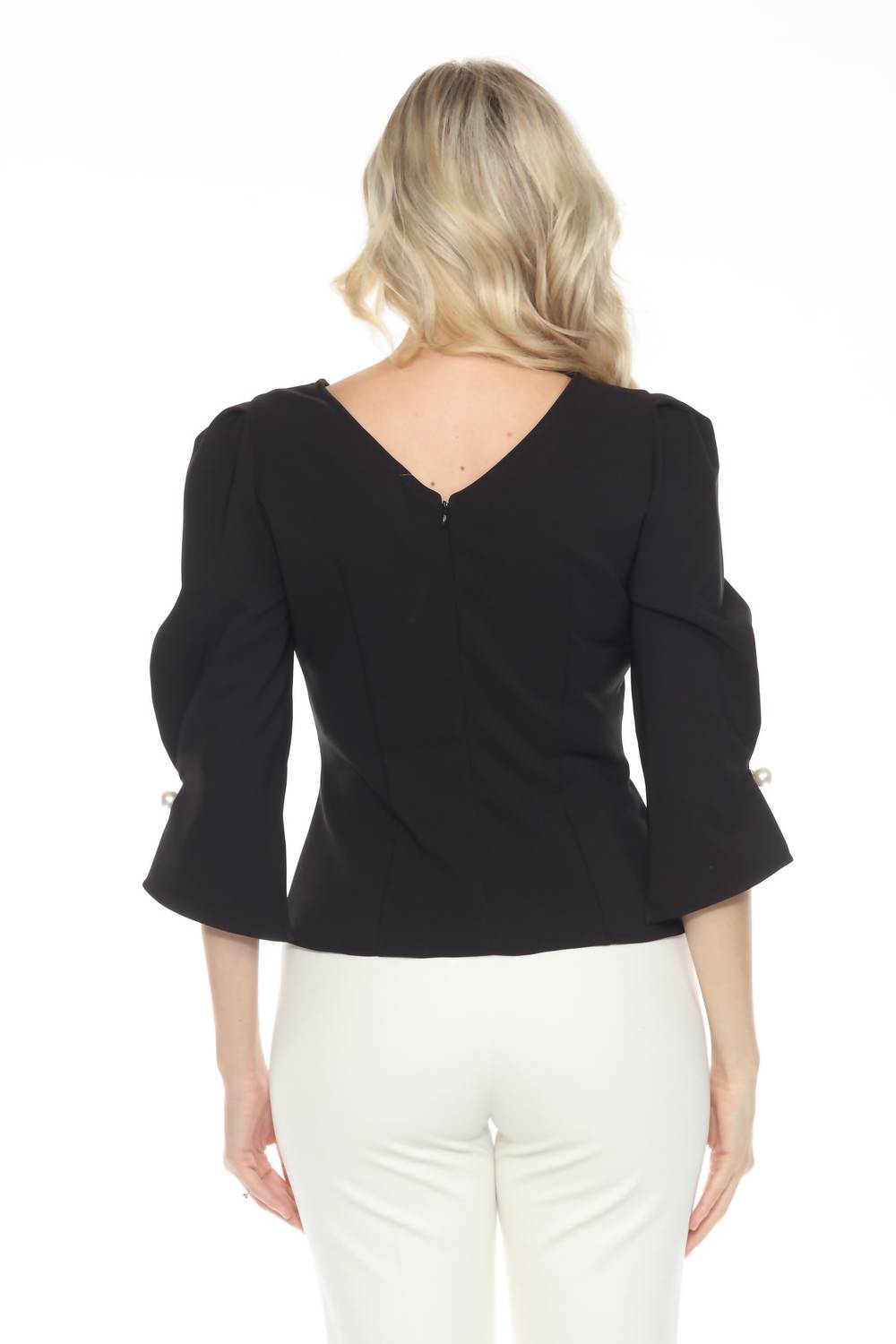 Joseph Ribkoff - Pearl Puff Sleeve V-neck Twill Peplum Top