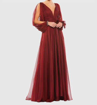 Mac Duggal - V-neck A-line Chiffon Gown Beaded Cuffs