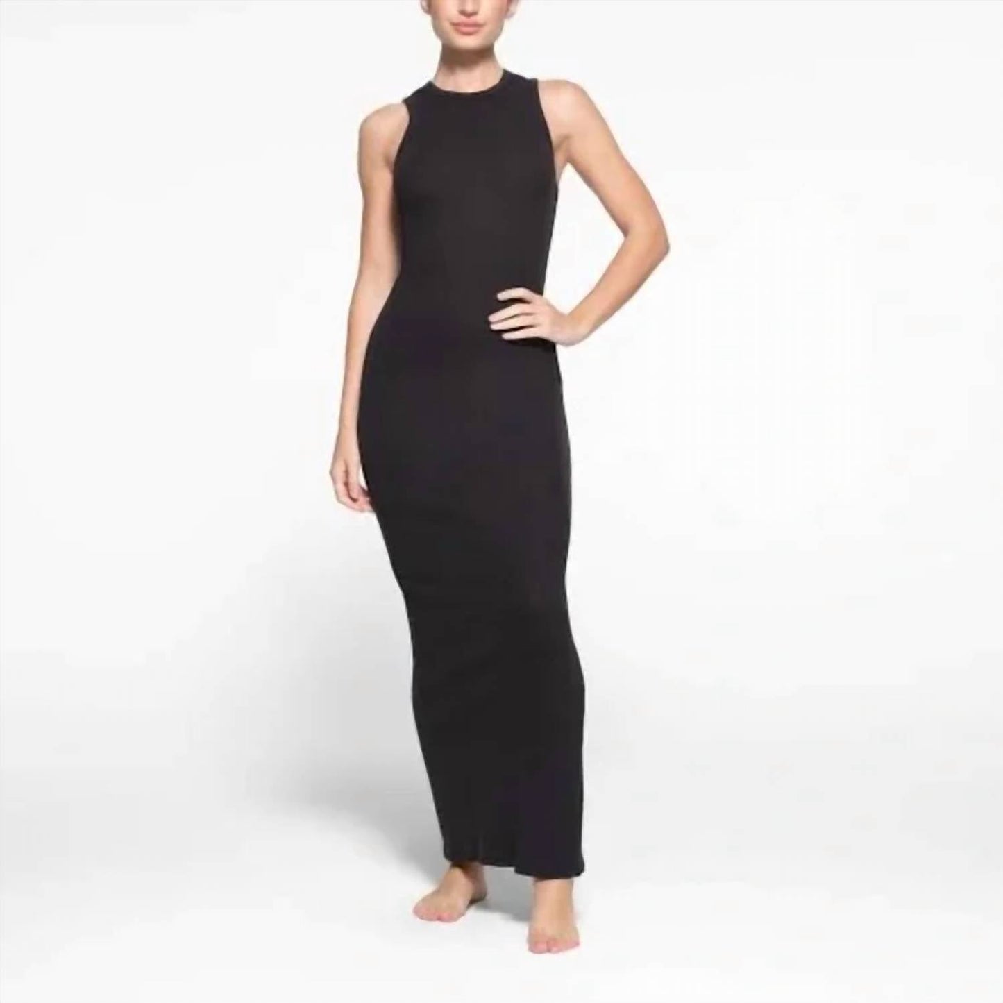 Skims - COTTON RIB SLEEVELESS LONG DRESS in SOOT