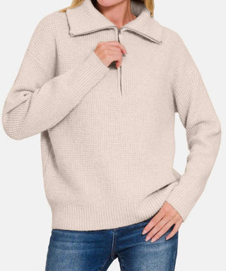 Zenana - Half Zip Long Sleeve Sweater