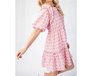 Bns - Printed Puff Sleeves Mini Ruffle Dress
