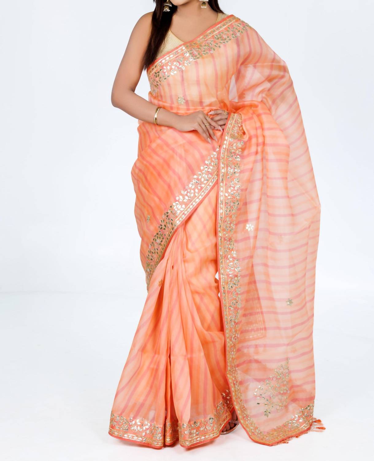 Zaalima Fashion - Peach Striped Organza Saree With Golden Embroidery