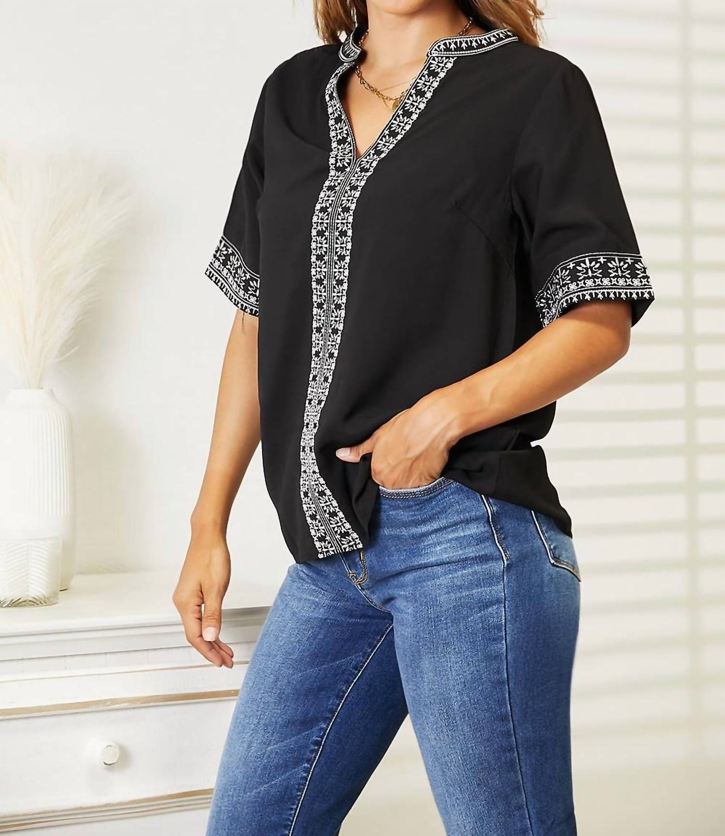 Double Take - Embroidered Notched Neck Top