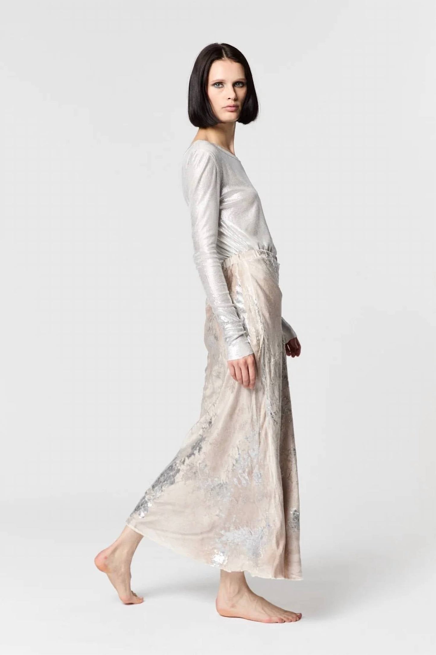 Avant Toi - Marble Lamination Effect Stretch Silk Long Skirt