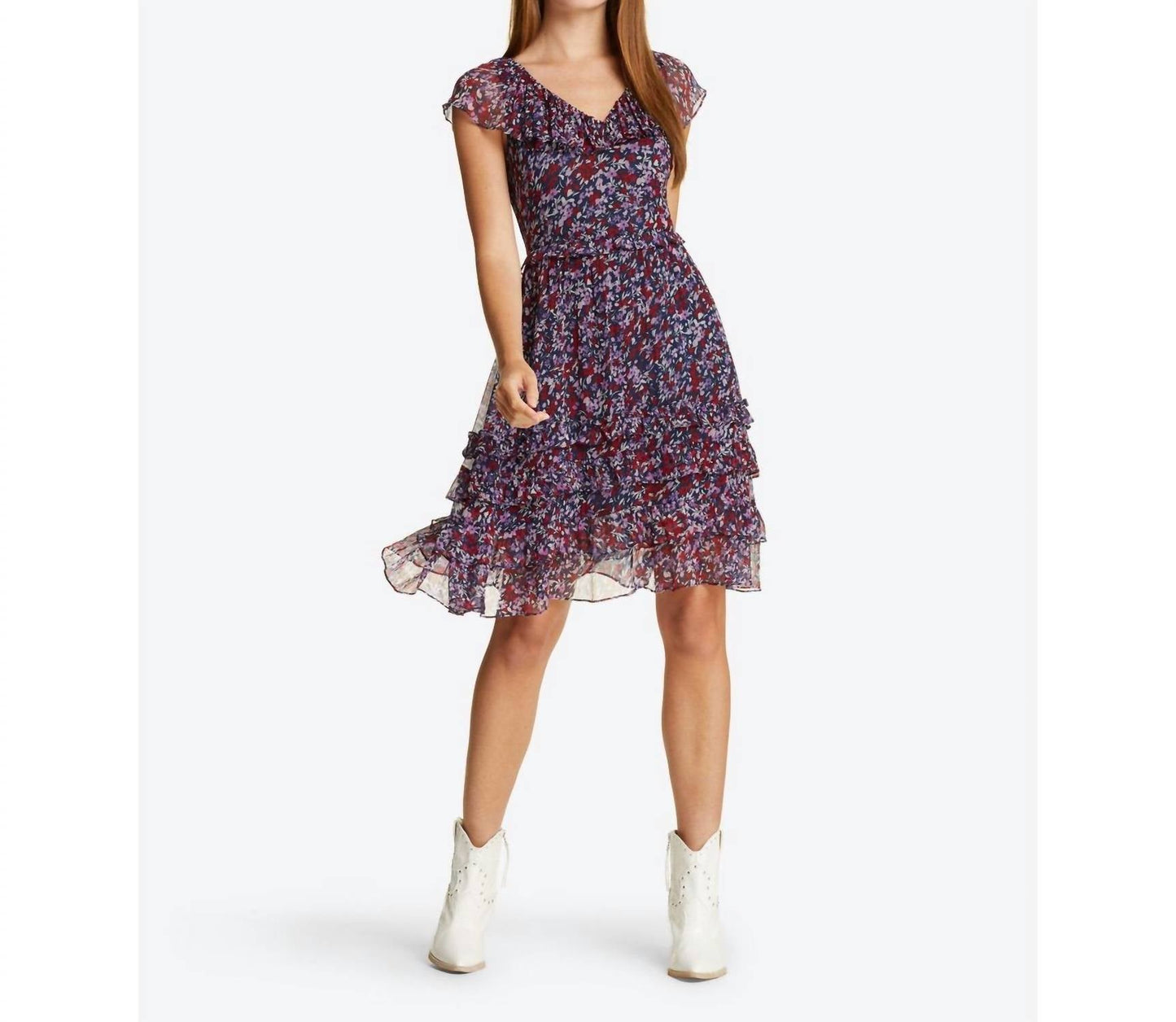 Draper James - Wispy Floral Flounce Ruffle V Neck Dress