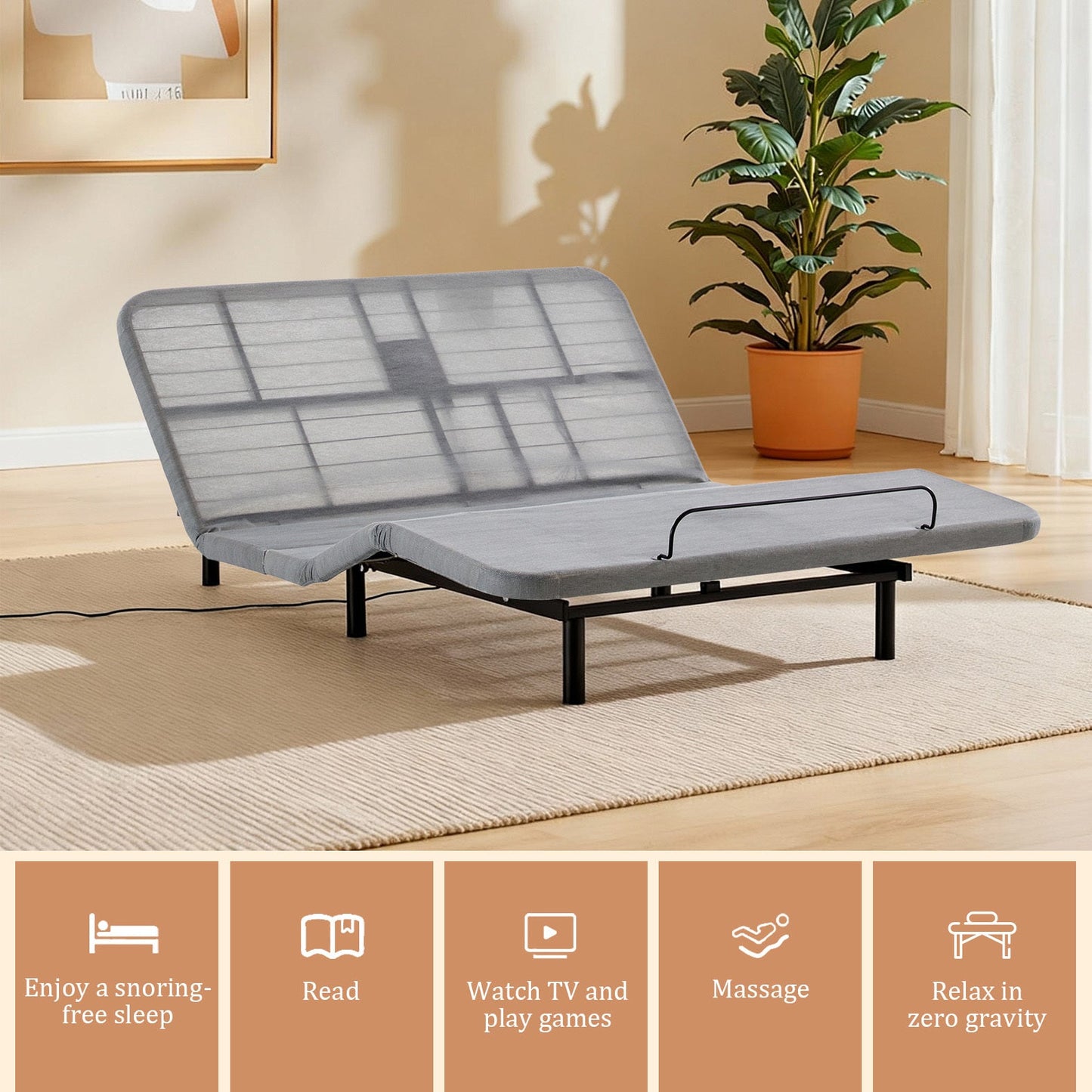 Caron Upholstered Wingback Bed with Adjustable Base Bundle Set, Queen Size
