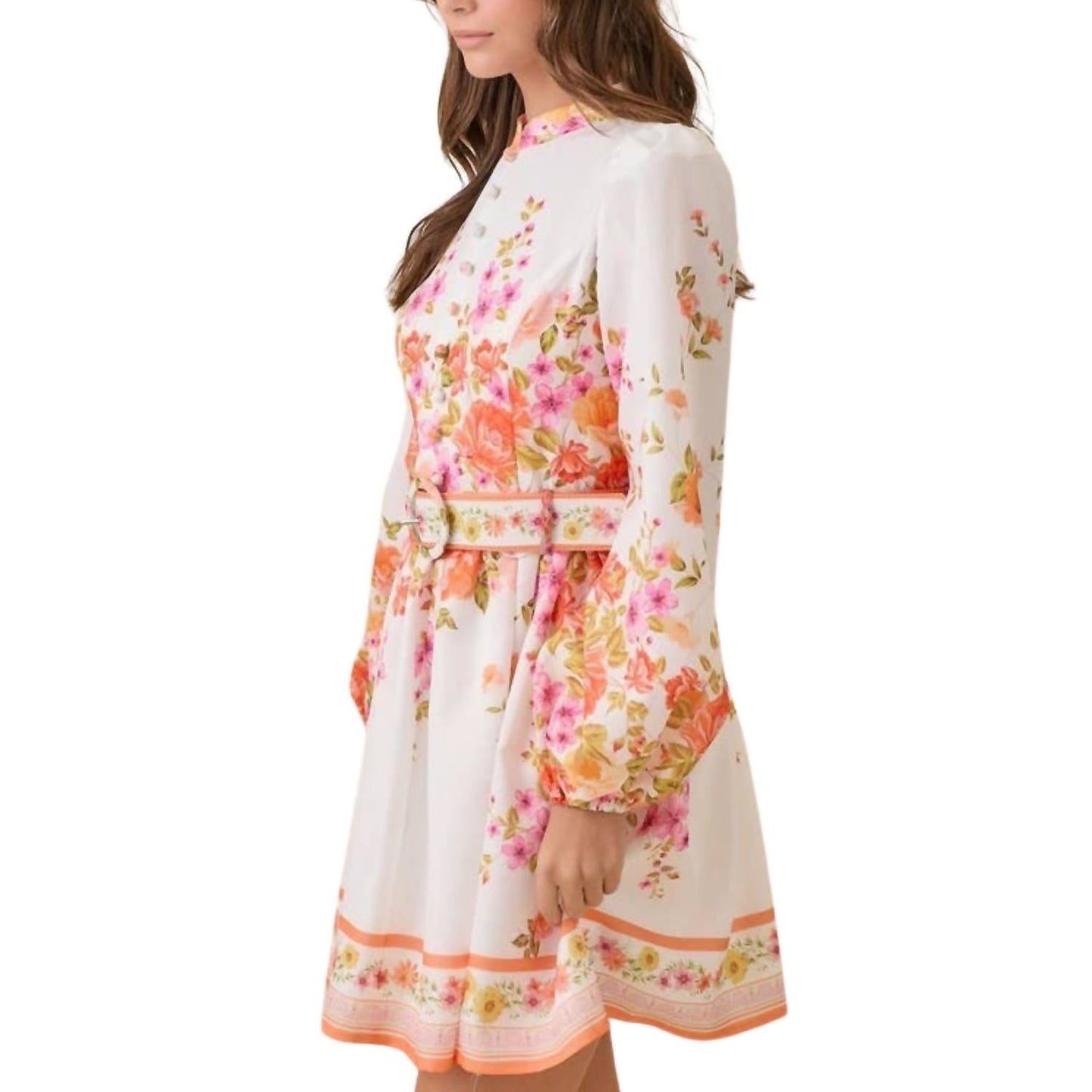 Main Strip - Mock Neck Floral Border Print Mini Dress