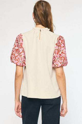 Entro - Embroidered Puff Sleeve Top