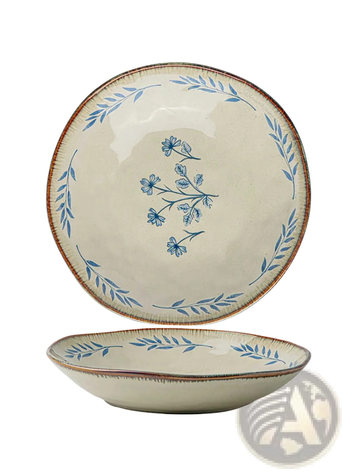 9-inch Ceramic Deep Plates with Blue Leaf Pattern