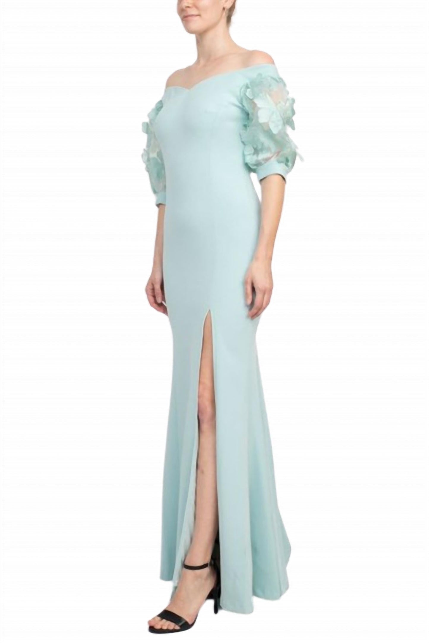 Alberto Makali - Off The Shoulder Embellished Lace Sleeve Mermaid Slit Side Gown