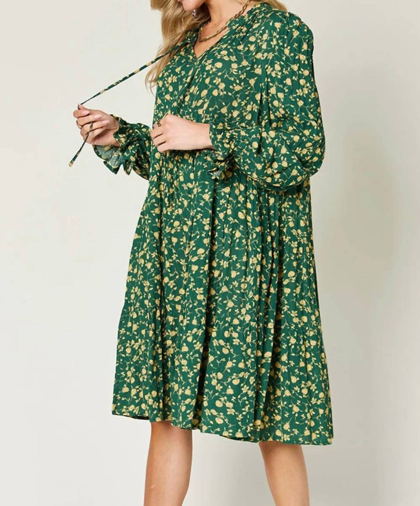 Double Take - Full Size Printed Ruffle Hem Long Sleeve Tiered Dress