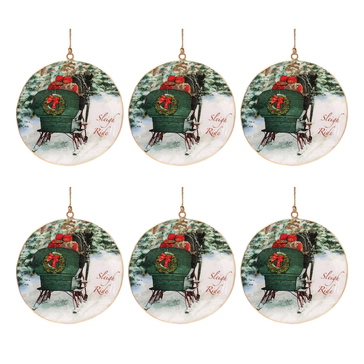 Metal Couple Sleigh Ride Disc Ornament (Set of 6)