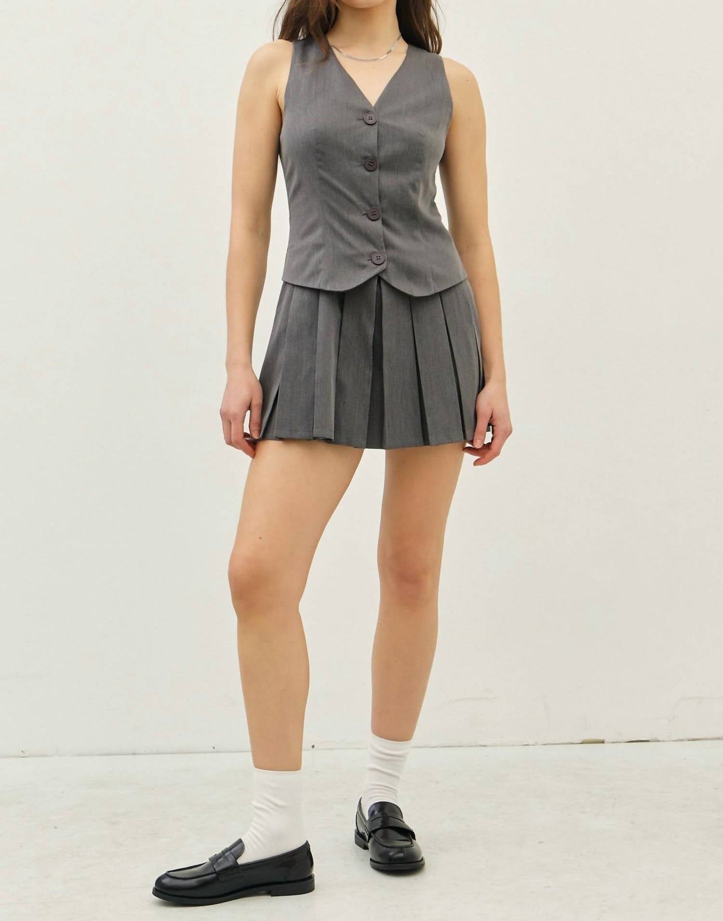 Idem Ditto - Pleated Skirt With Button Down Vest