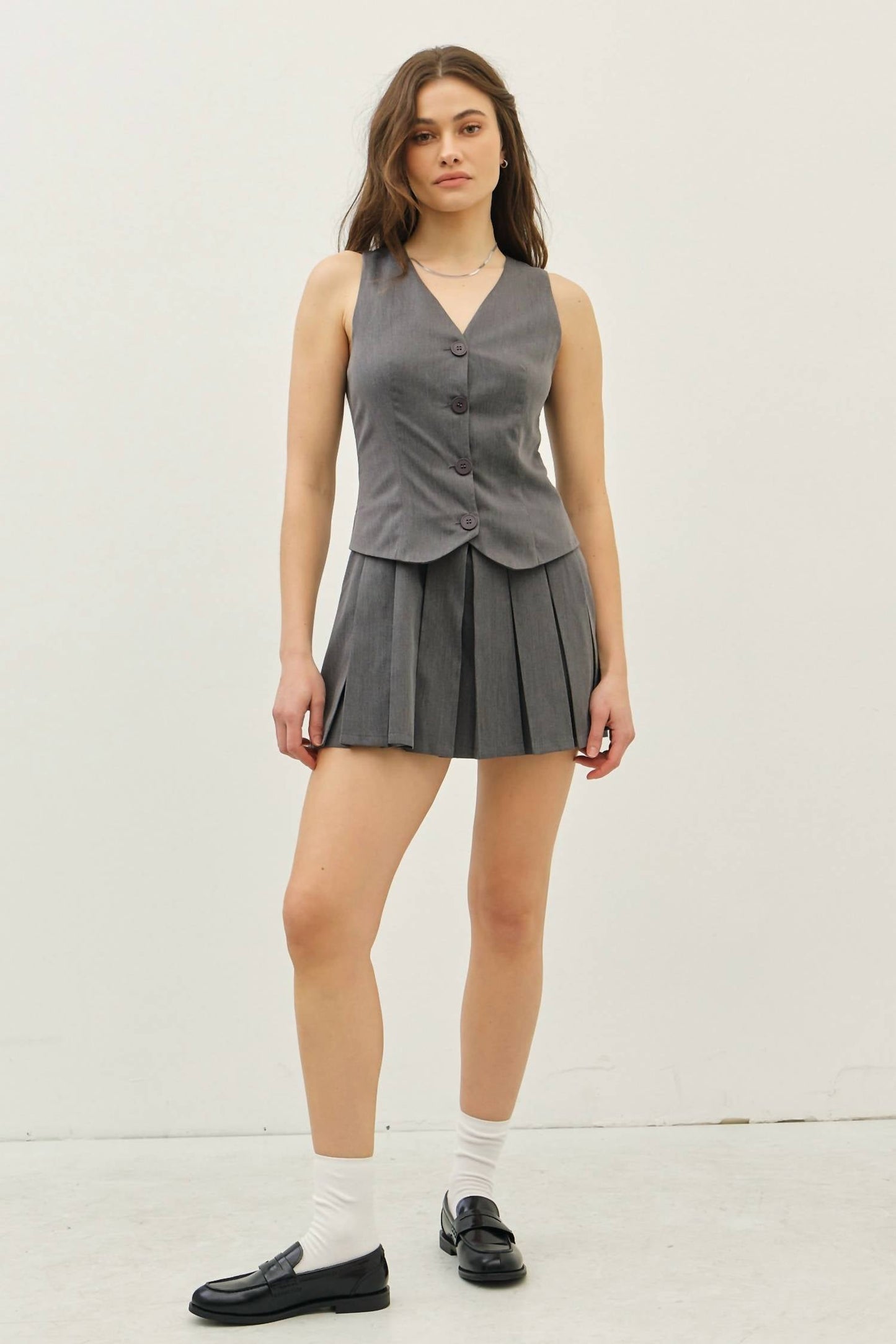 Idem Ditto - Pleated Skirt With Button Down Vest