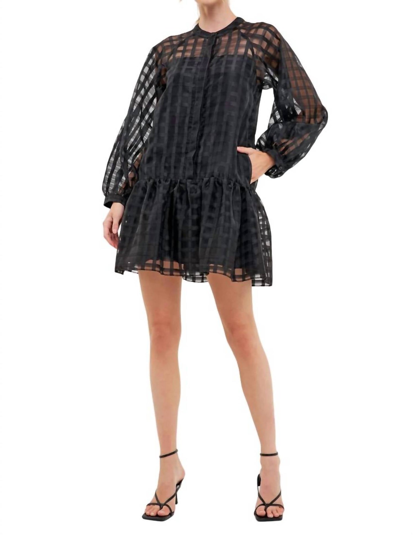 2.7 August Apparel - CHECK ORGANZA BUTTONED LONG SLEEVE MINI DRESS