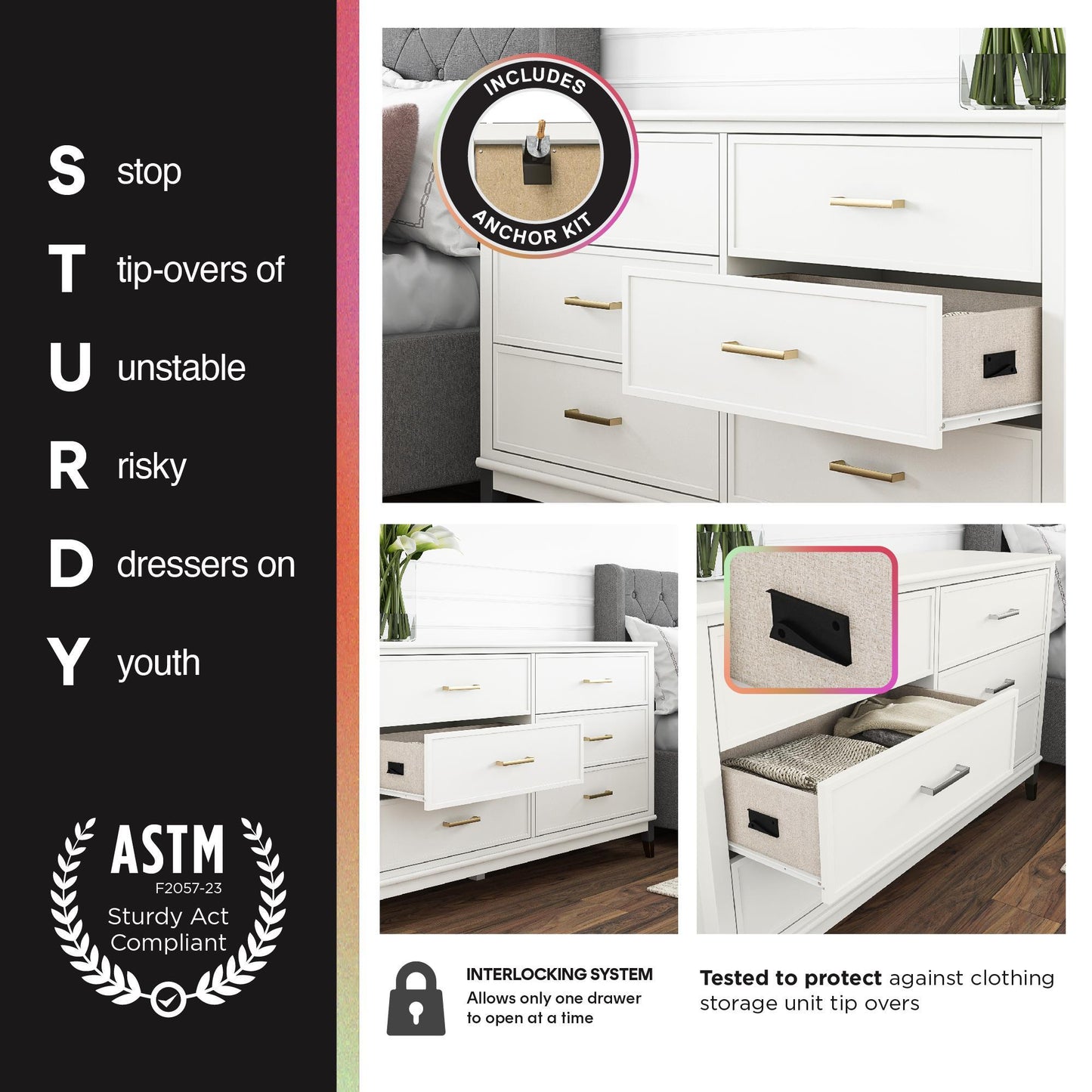 Valencia - 5 Drawer Dresser - White / Gray