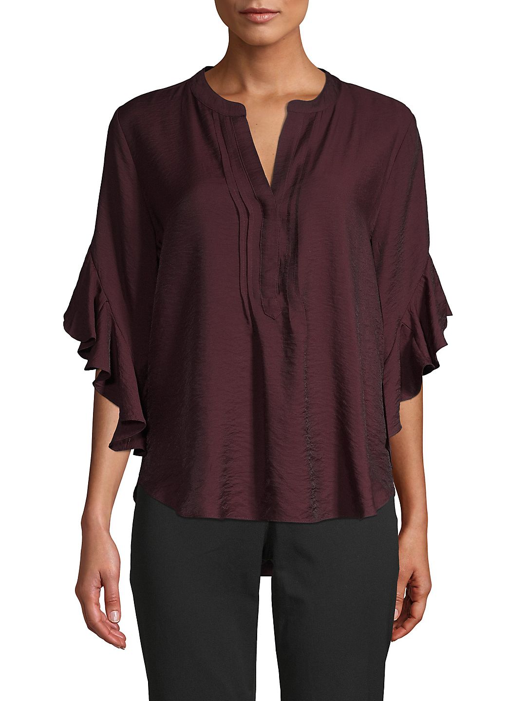 Pleated Splitneck Flutter-Sleeve Top Brown Size S