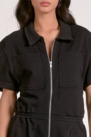 Elan - Short Sleeve Collared Sweatsuit Romper