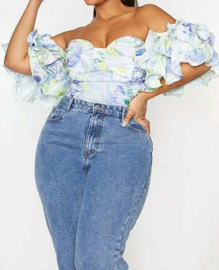 Prettylittlething - Plus Floral Ruffle Puff Sleve Bardot Crop Top