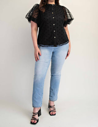 The Curve La - Plus Size Dot Mesh Knit Shirt With Puff Sleeve