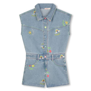 Billieblush - Girls Allover Flower Embroidery Denim Shortall