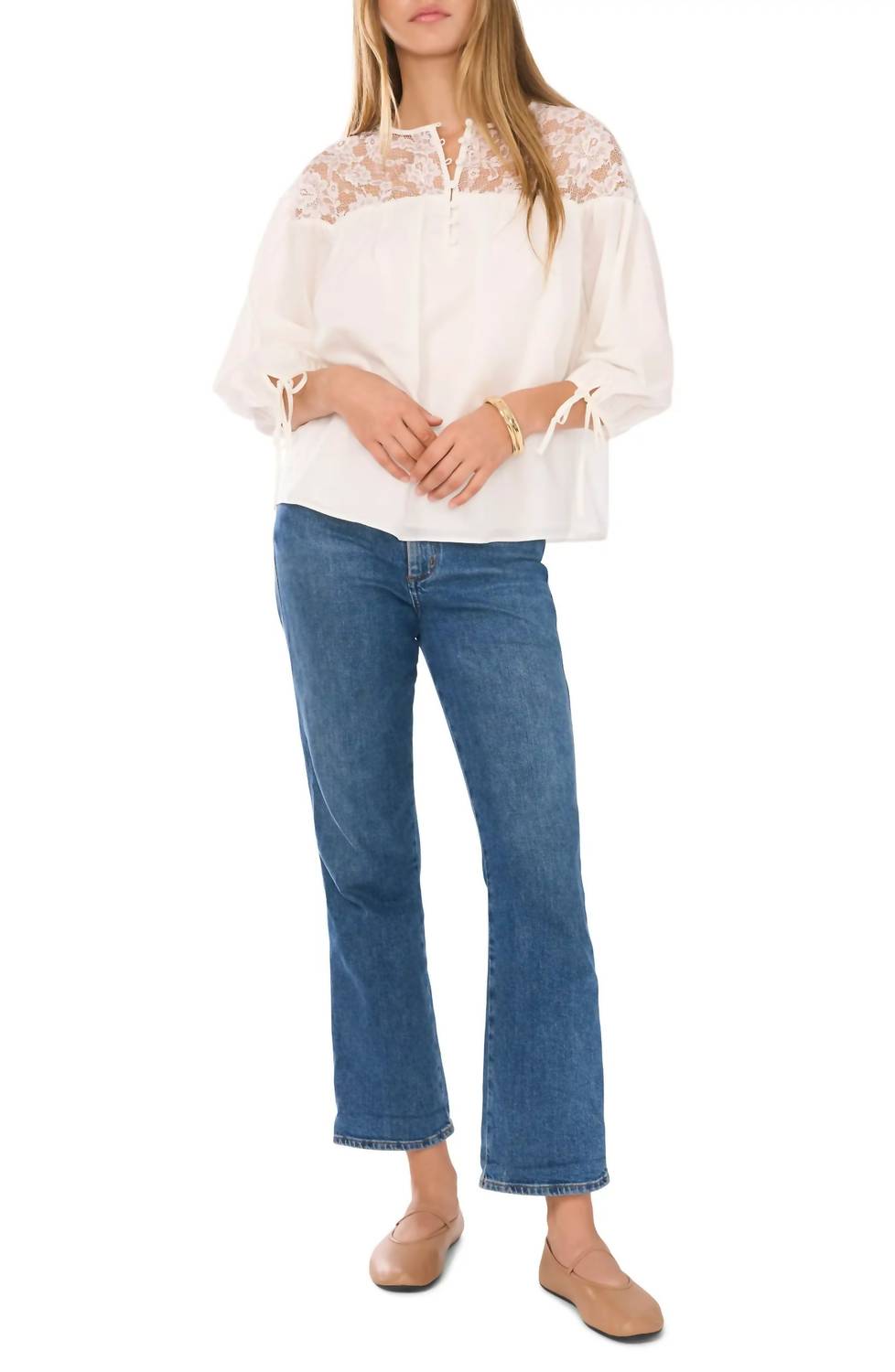 1.State - Lace-yoke 3/4-sleeve Top