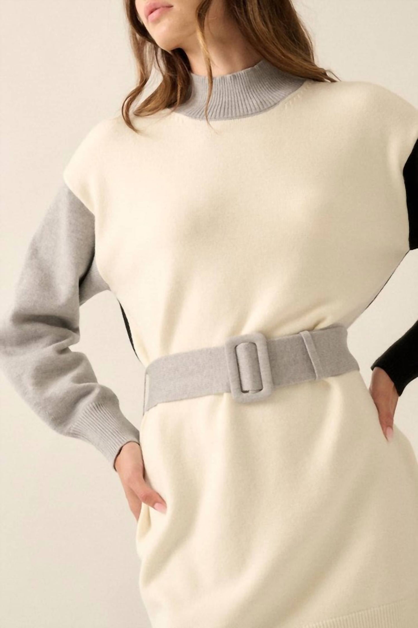 Promesa - Colorblock Knit Belted Mini Sweater Dress