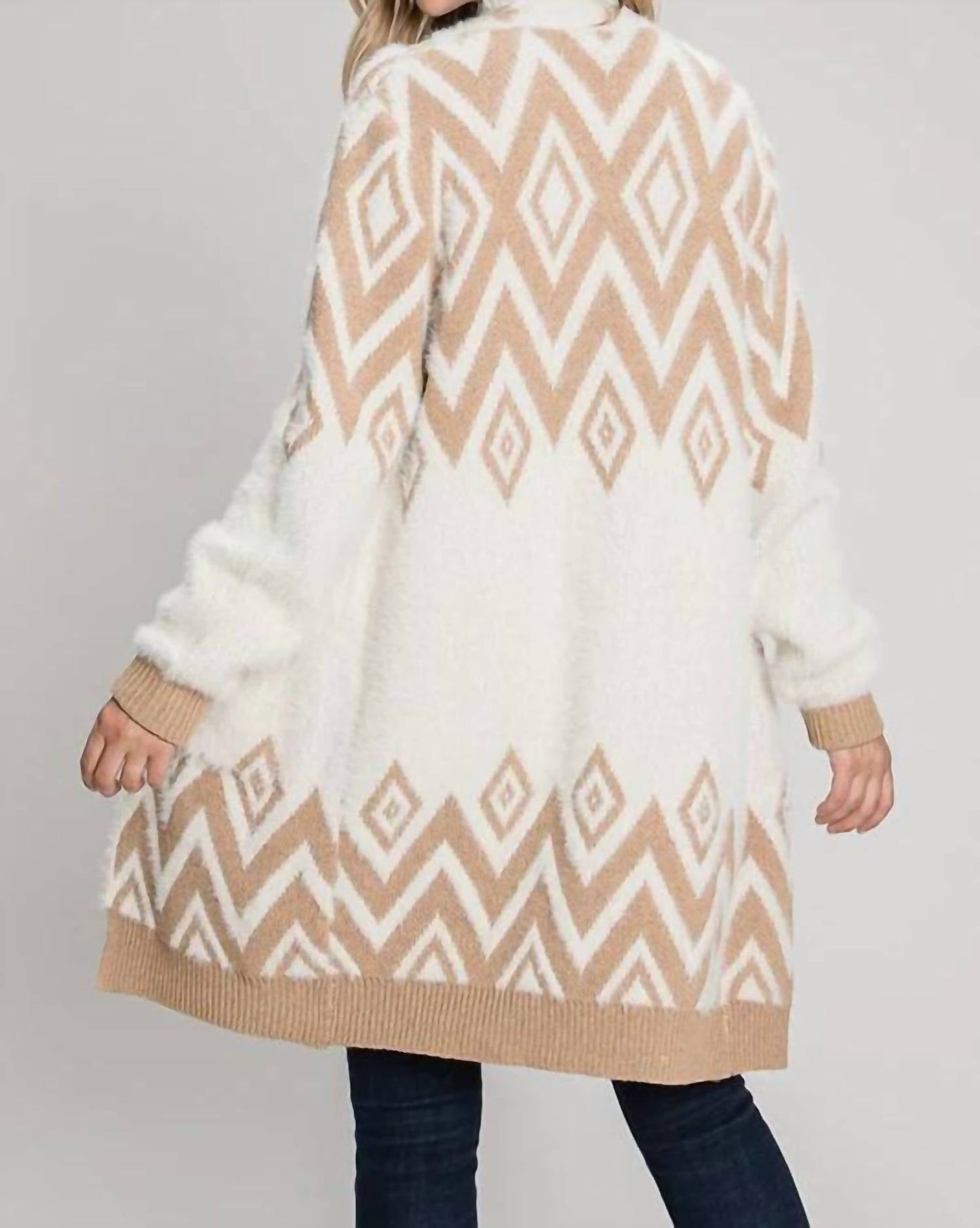 Allie Rose - Cozy Eyelash Chevron Open Cardigan With Pockets