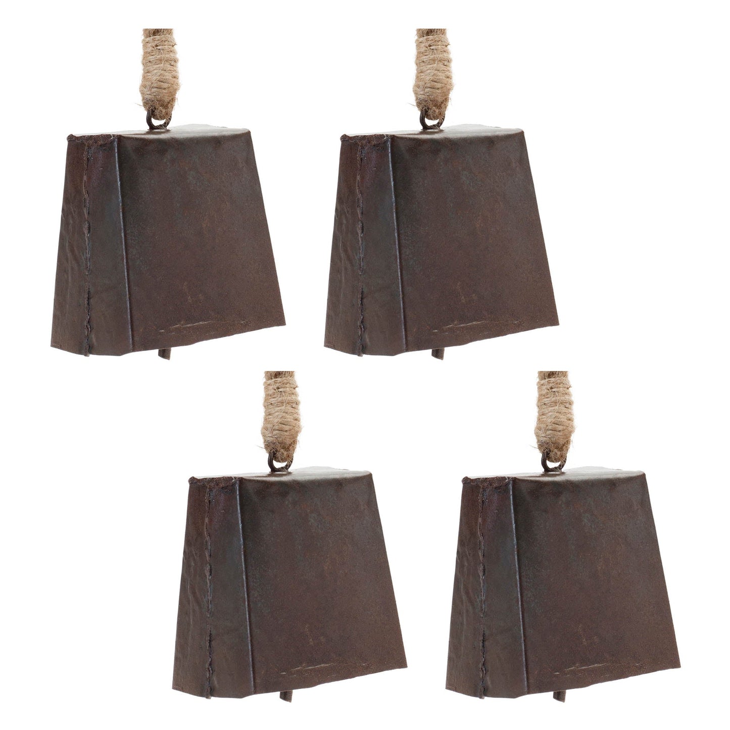 Bronze Metal Bell Ornament with Jute Rope Hanger (Set of 4)