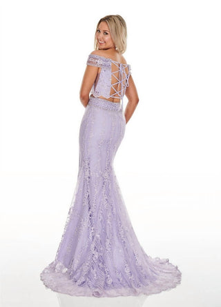 Rachel Allan - Beaded Lace Two-piece Prom Gown With High Slit