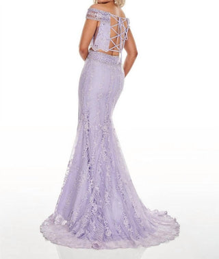 Rachel Allan - Beaded Lace Two-piece Prom Gown With High Slit