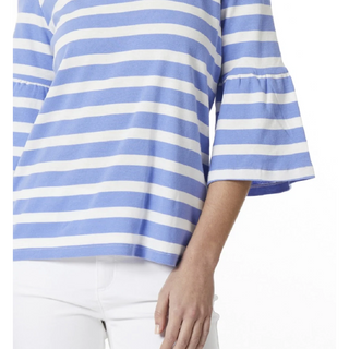 Jones New York Women's Stripe Cotton Crew Neck Elbow Bell Sleeve Top Blue Size Large