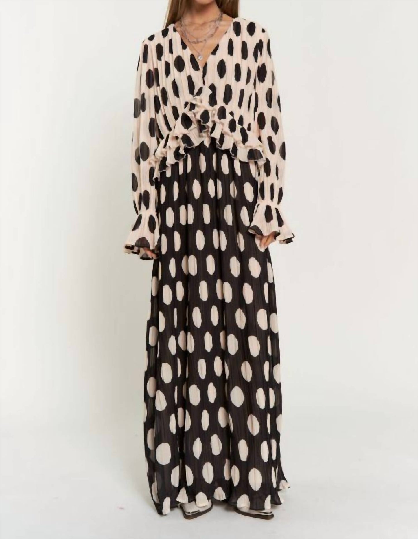 Davi & Dani - Polka Dot Ruffled Long Sleeve Pleated Maxi Dress