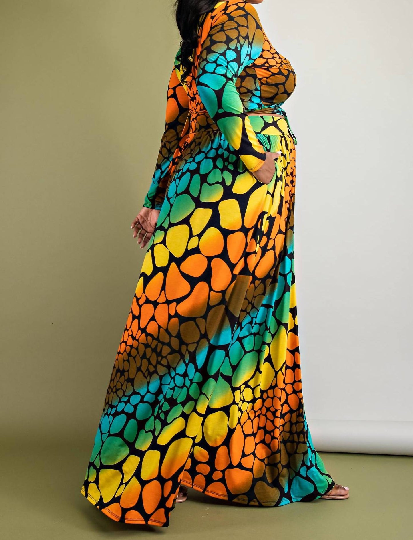 The Curve La - Plus Size Long Sleeve Surplice Wrap Top And Maxi Skirt Set