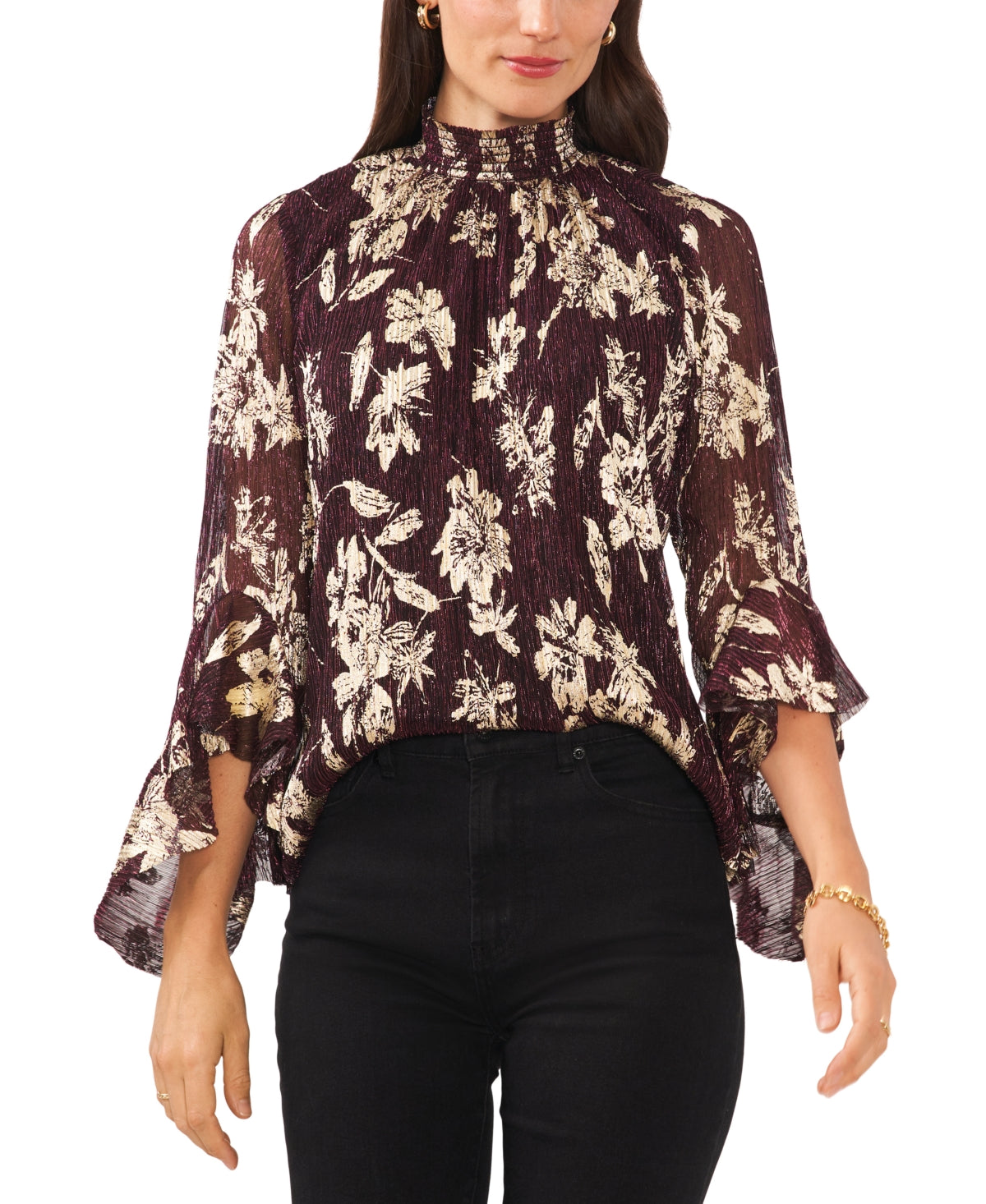 Vince Camuto Floral Bell Sleeve Mock Neck Blouse Dark Wine Size Small